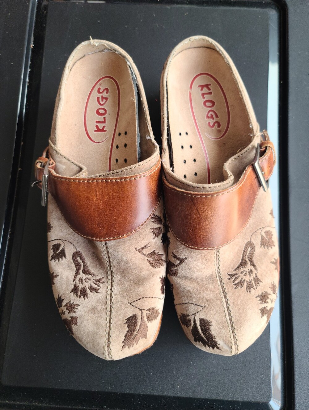 Klogs  Brown Tan Floral Leather Slip-On Clogs